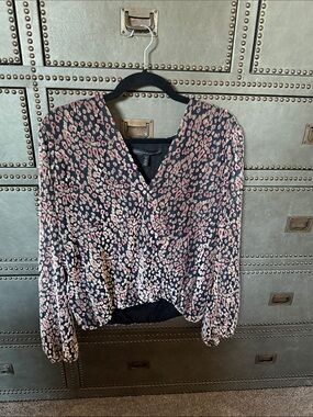White House Black Market Black Blouse with Pink and Cream Spot Print